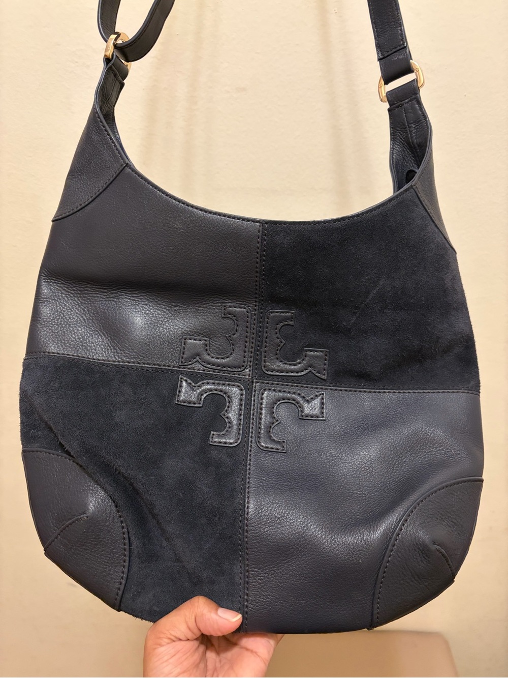 Tory Burch Navy Leather & Suede Hobo Crossbody Bag - Picture 2 of 7
